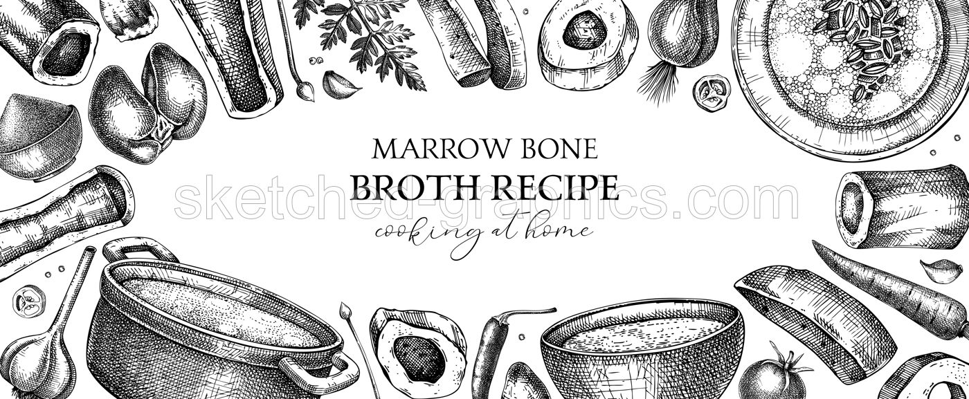 Healthy food background. Marrow bone broth banner. Hot soup on plates, pans, bowls, organ meat, vegetables, marrow bones sketches. Hand drawn vector illustrations. Homemade food ingredient Illustration